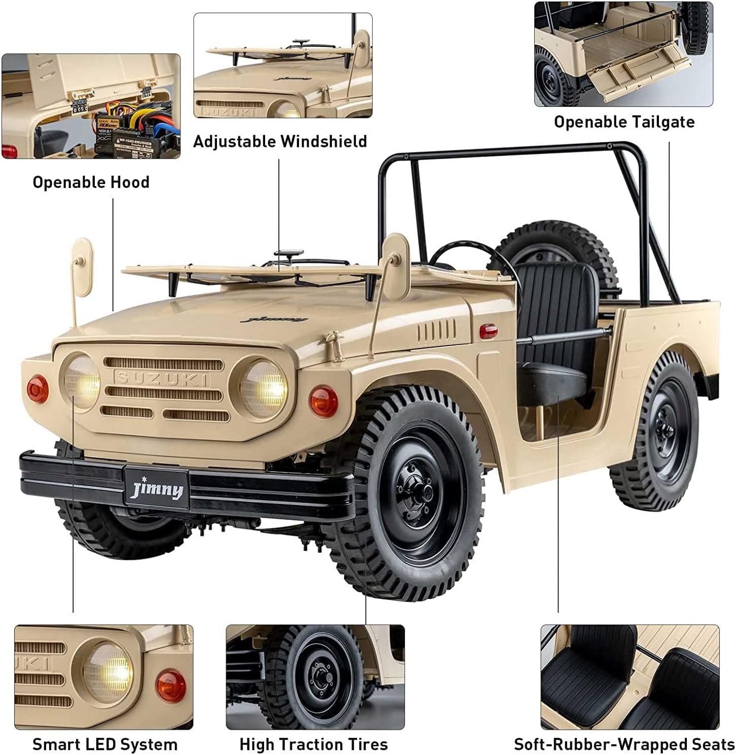 FMS 1/6 Jimny LJ10 RC Crawler RC Car Official Licensed Model Car 15km/h 4WD Hobby RC Crawler RC Cars RS Remote Control Car with LED Lights Vehicle 4-Ch 2.4GHz Transmitter for Adults Tan