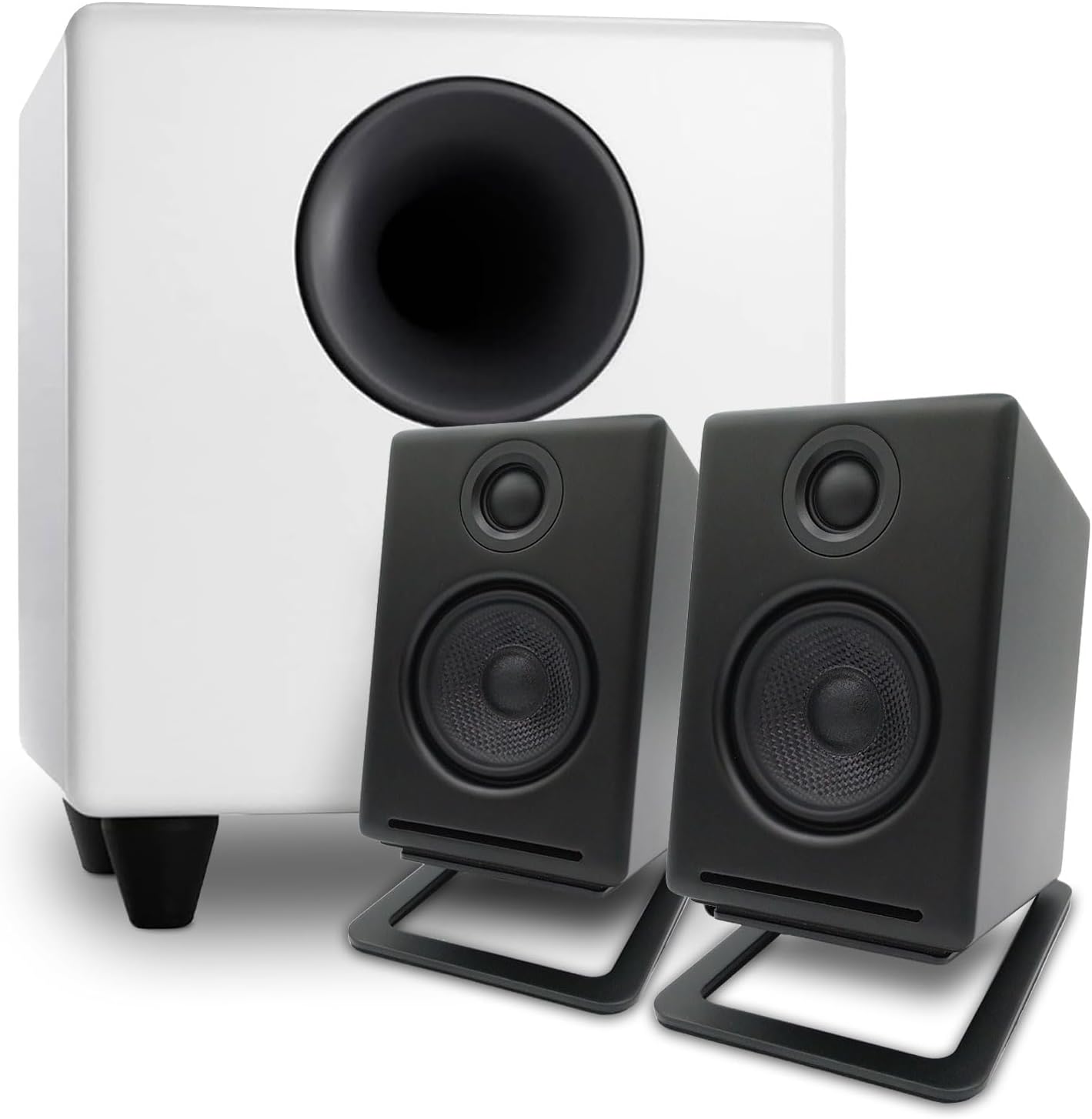 Audioengine A2 Black Computer Speakers with S8 White Subwoofer and DS1M Metal Stands