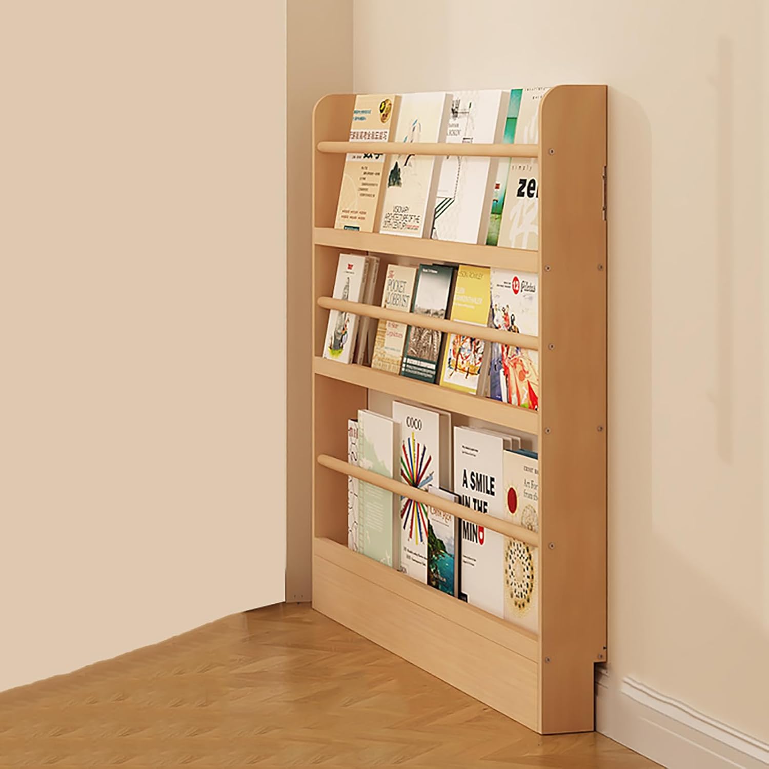 SHENJIA Solid Wood Bookshelf, Space-Saving Wall Bookcase for Nursery Home Office, Modern Vertical Bookshelf with Shelves, Tall Gap Open Bookcase, Freestanding Display Rack Storage Cabinet