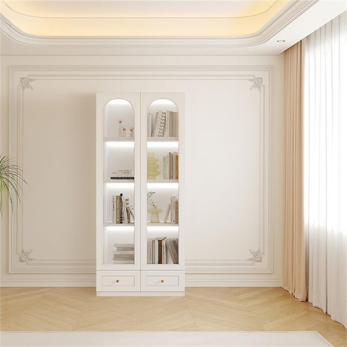 KWOKING 4-Tier Wood Barrister Bookcase with Multiple Drawers & Shelves Bookcase Bookshelf Integrated Home Living Room Study Cabinet Modern Display Cabinet Shelf White 31.5