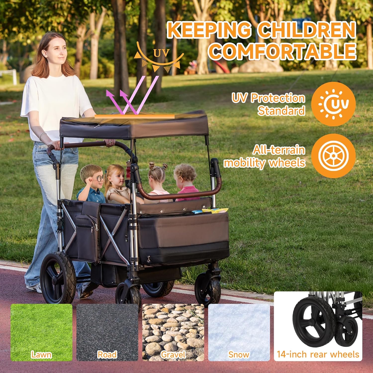 Stroller Wagon 4 Seater, Folding Push Wagon for 4 Kids, Collapsible with 5-Point Safety Belt and Canopy, Adjustable Handle, All-Terrain Mobility