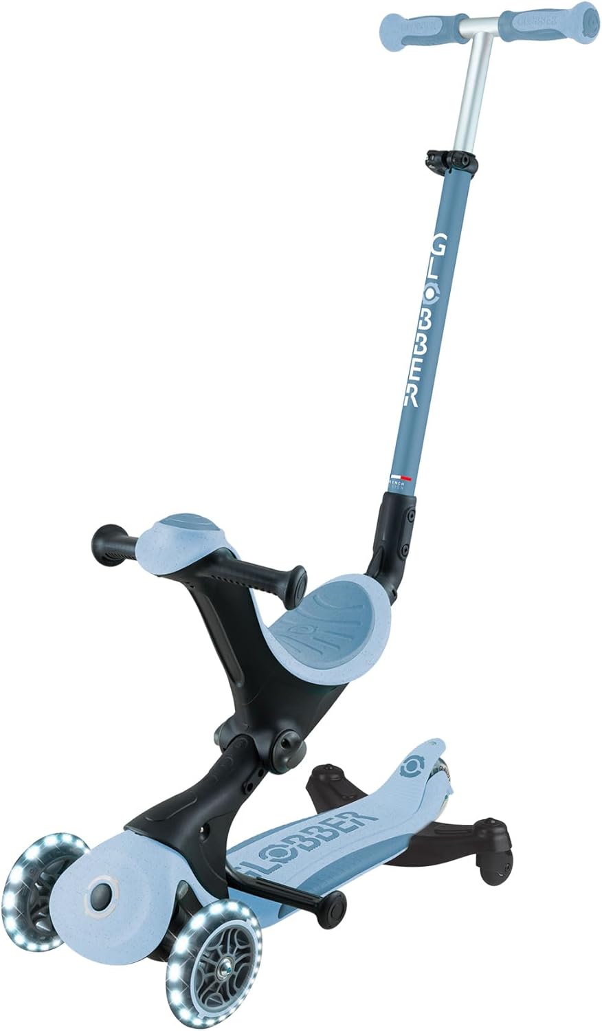 Globber - GO•UP Deluxe Lights ECO 360-3-Wheel Scooter with 360° Rotatable Seat, Footrest, LED and Durable Materials, 15 Months to 6 Years - Blueberry