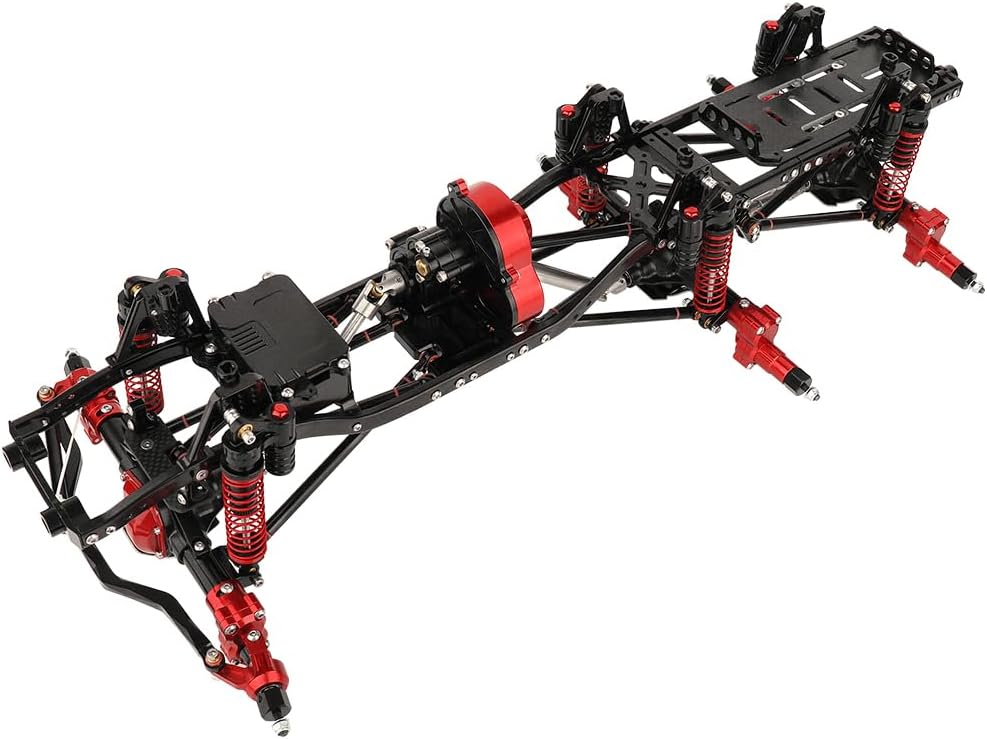 450mm Wheelbase 6x6 Chassis Frame Set with Transmission Front Middle Rear Complete Axle for 1/10 RC Crawler Car Axial SCX10 Metal DIY Upgrade (red -Black-Portal Frame)