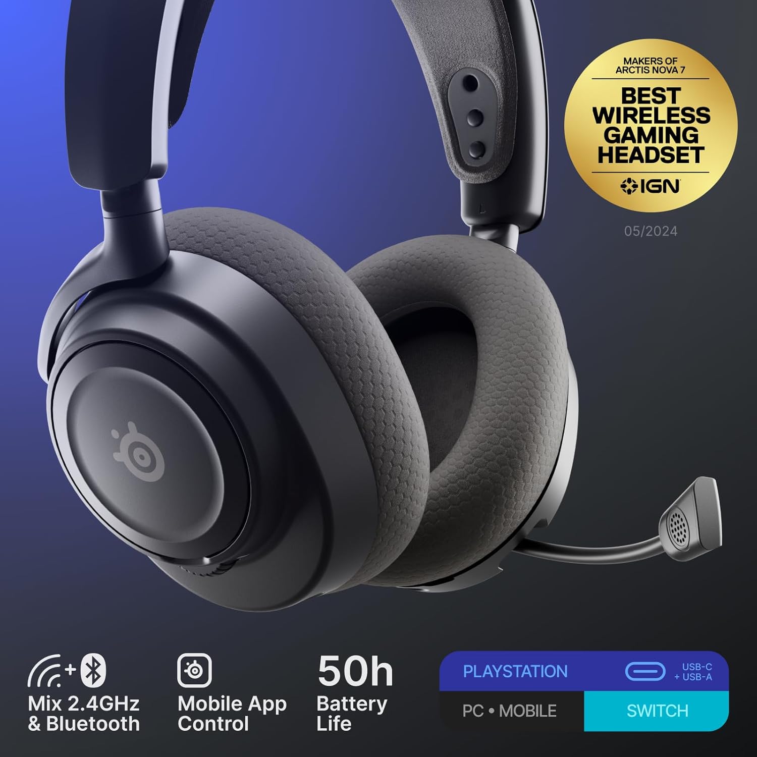 SteelSeries Arctis Nova 7P Wireless Gen 2 Gaming Headset - Real-Time App Control, 50+ HR Play, Neodymium Magnetic Drivers, Mix 2.4GHz/Bluetooth, PS5, PS4, PC, Switch 1/2, Mobile - Black