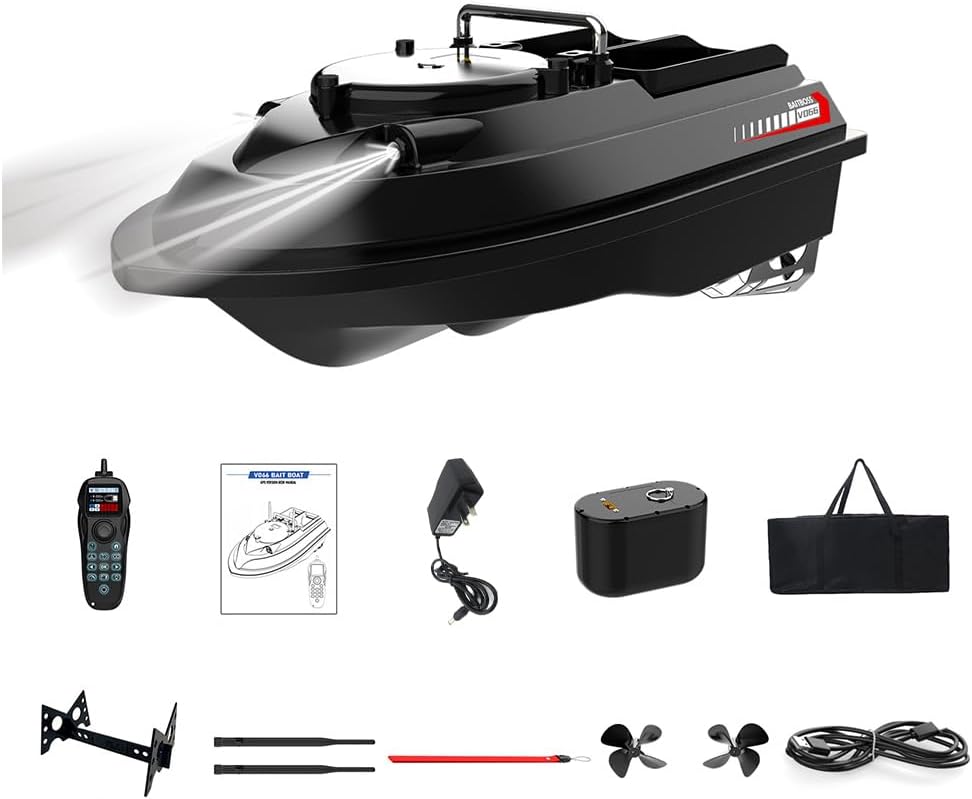 V066 Smart GPS RC Fishing Bait Boat for Pools&Lakes, Dual-Antenna High-Speed Brushless RC Boat with Led, Gyroscope, 3KG Loading Dual Hopper and 200 Waypoints, 1000M Distance, Gifts for Adults
