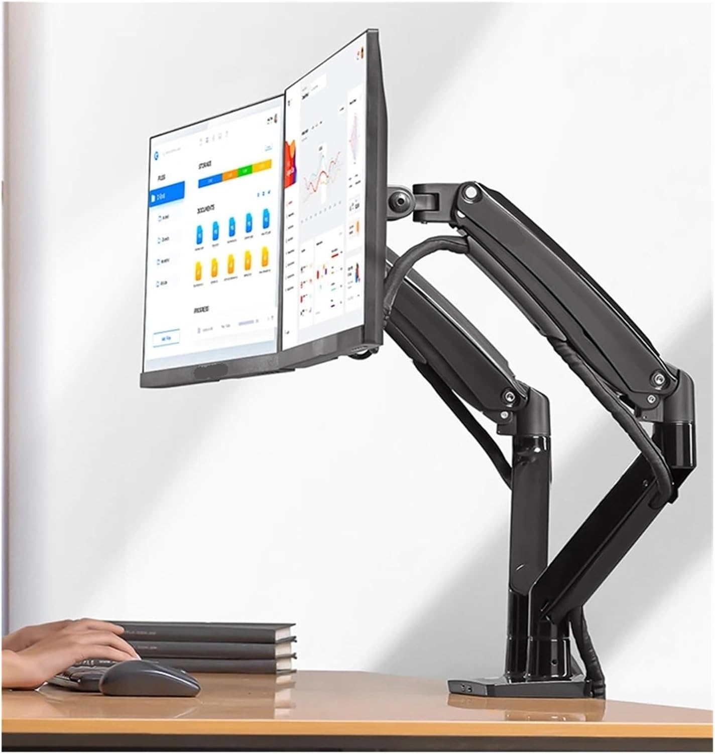 F195A Aluminum Alloy 22-32 Inch Dual LCD LED Monitor Stand Gas Spring Arm Full Motion Monitor Stand with 2 U Ports(Black)
