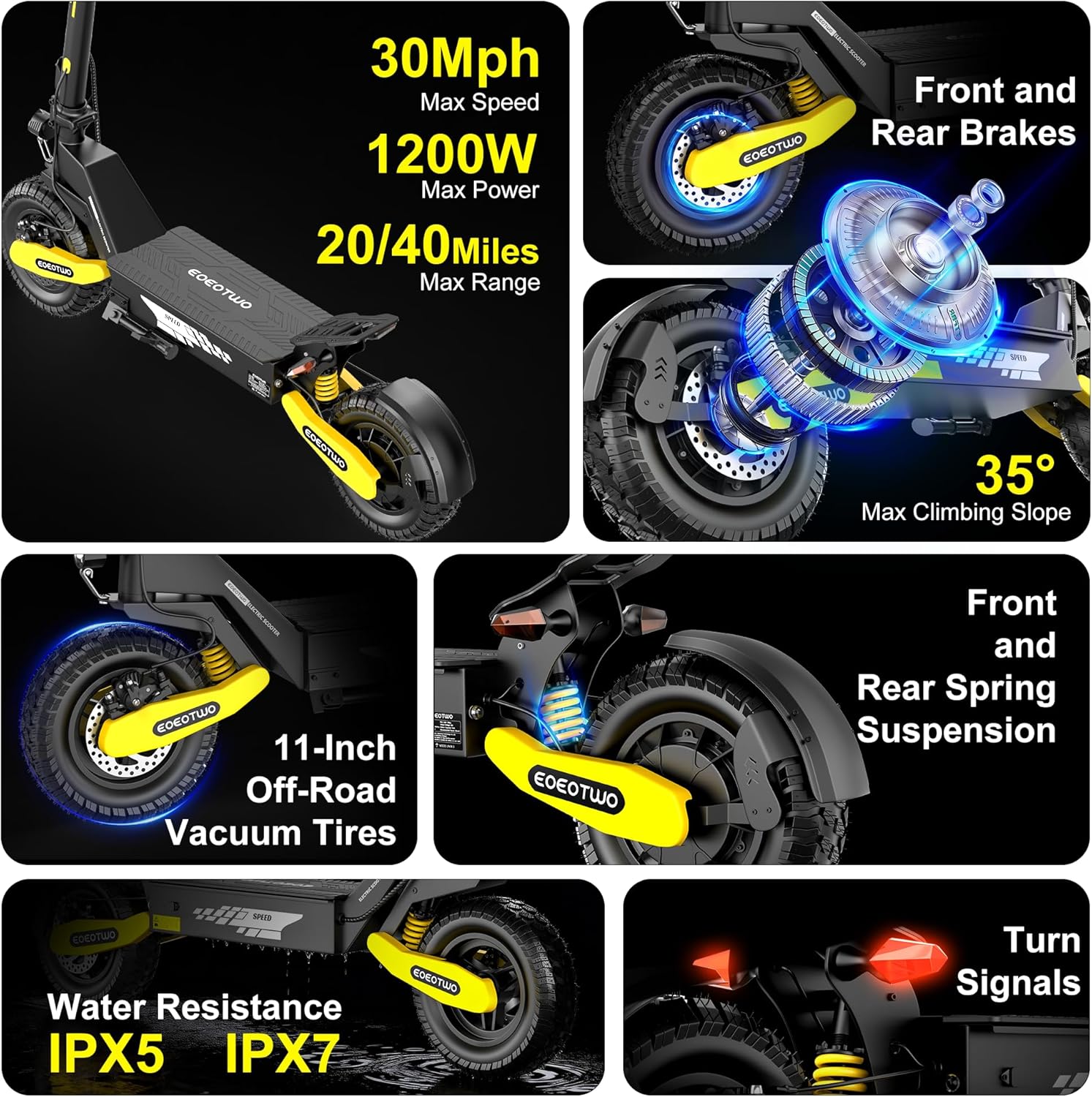 Off Road Electric Scooter for Adults, 1200W/2400W Motor E Scooter, Up to 31/40 MPH Top Speed & 20/43 Miles Long Range, 11