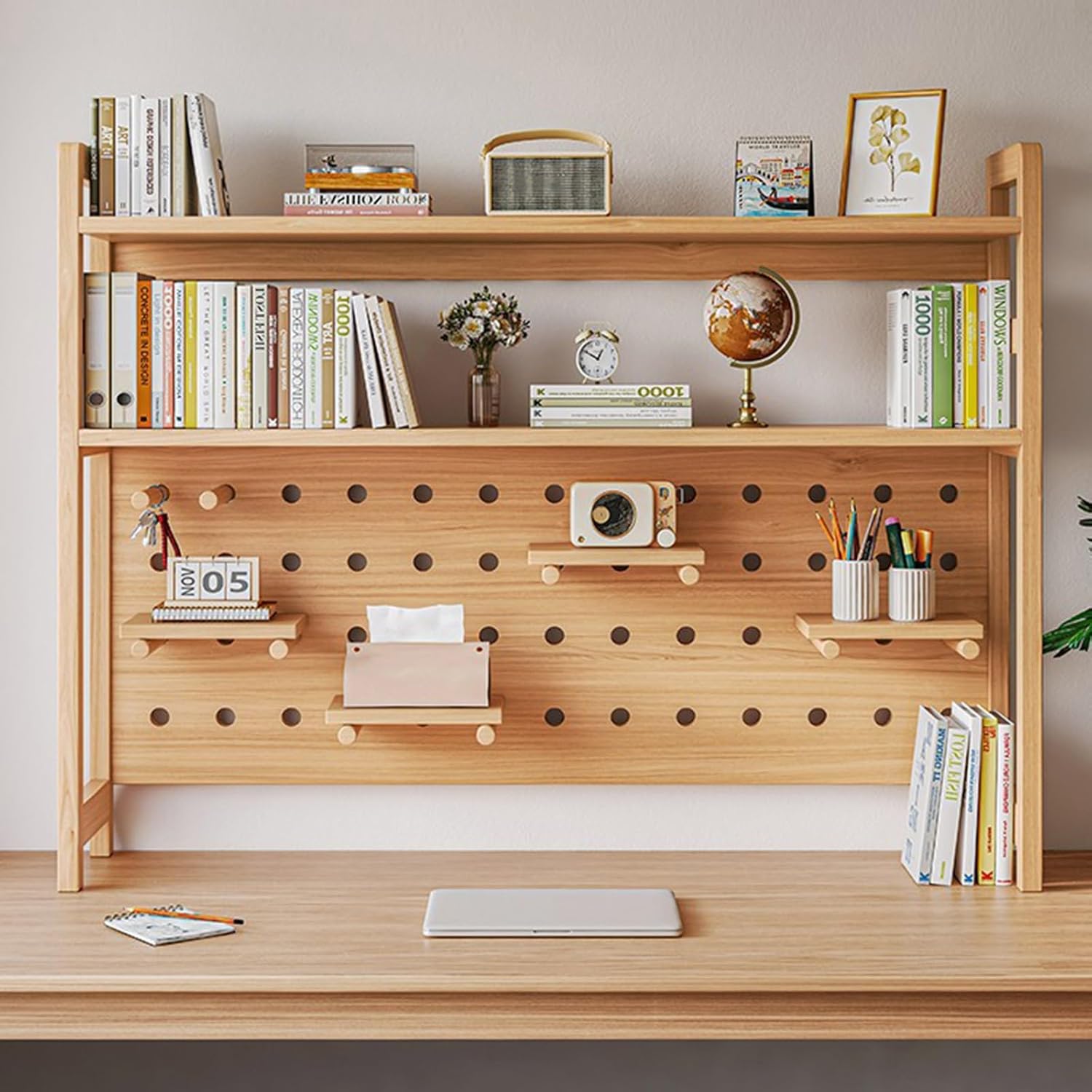 Wood Desktop Bookshelf with Pegboard Hooks Set, 2-Tier Desk Hutch for Computer Monitor, Desktop Display Rack Storage Organizer for College Dorm Office Home, 14 Accessories