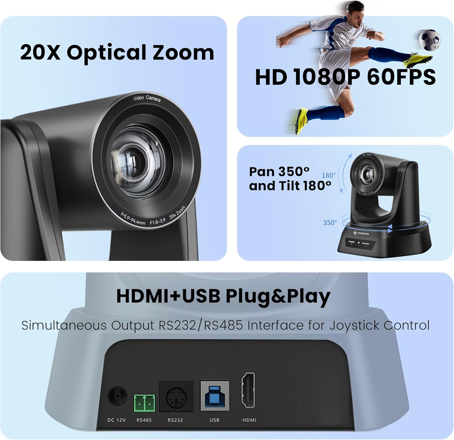 TONGVEO HDMI 20X Optical Zoom PTZ Conference Room Camera System, 1080P 60fps USB3.0 Computer Camera with Microphone & Bluetooth Speakerphone, Easy Setup for Church & Meetings