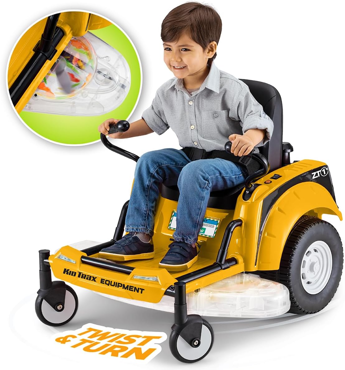 Kid Trax 12V Zero Turn Lawn Mower Tractor Toy - Riding Lawn Mower, Outdoor Toys, Kids Electric Car, Ride On Tractor, Dual Handle, Twist and Turn, Speed to 3MPH, Max Weight of 77lbs, Age 3-7, Yellow