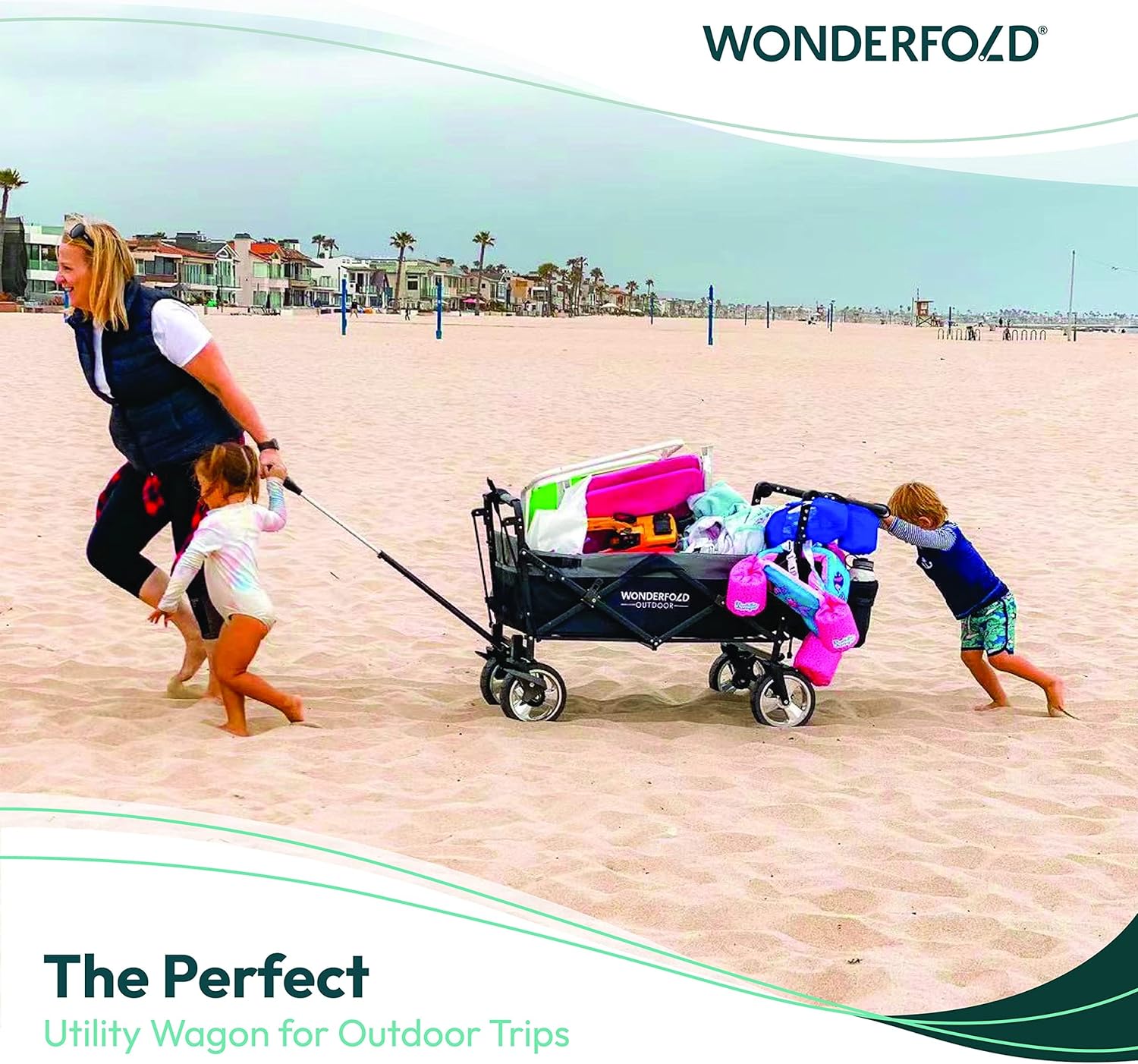 WONDERFOLD S4 Push & Pull Folding Utility Cart with Brakes, Removable Canopy, Telescopic Pull Handle & Adjustable Push Handle, 150 lb Capacity, Navy