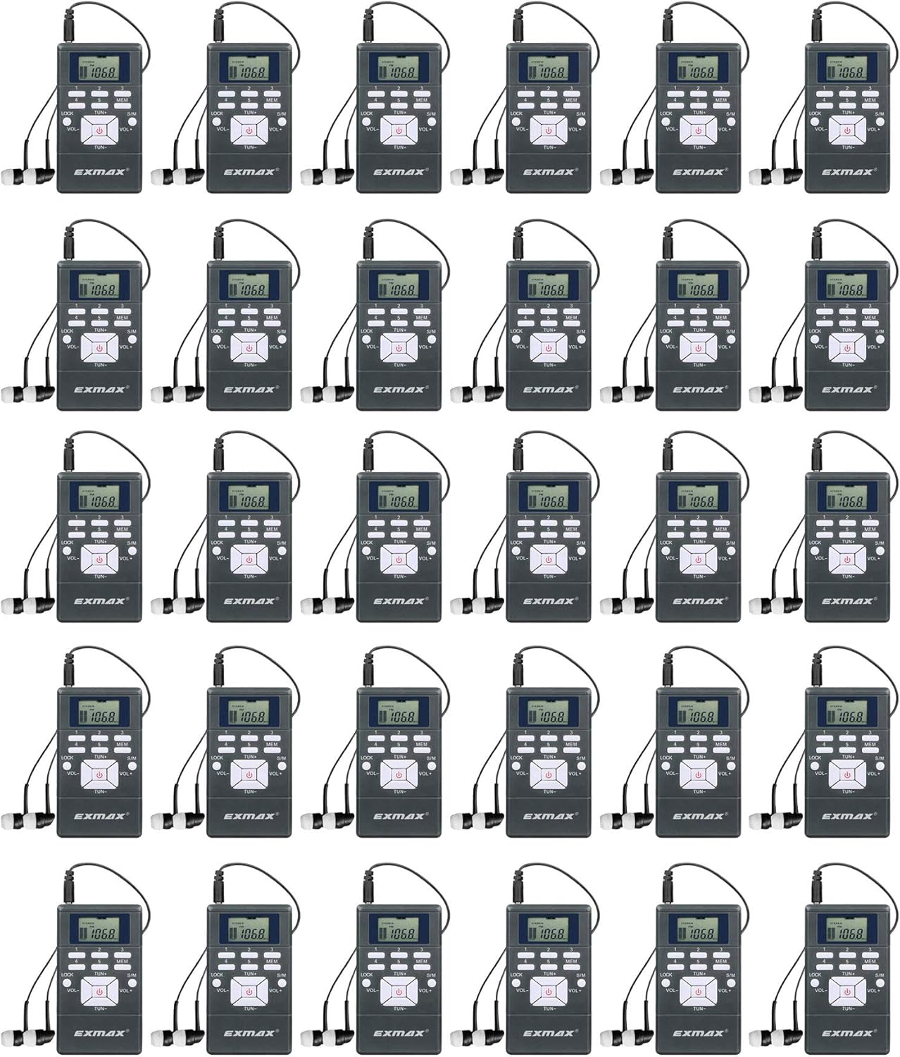 EXMAX EXG-108 Wireless Portable Pocket DSP FM Stereo Radio Digital Receiver with Mini LCD Clock Earphone for Tour Guide System Teaching Meeting - 30 Pack (Gray)