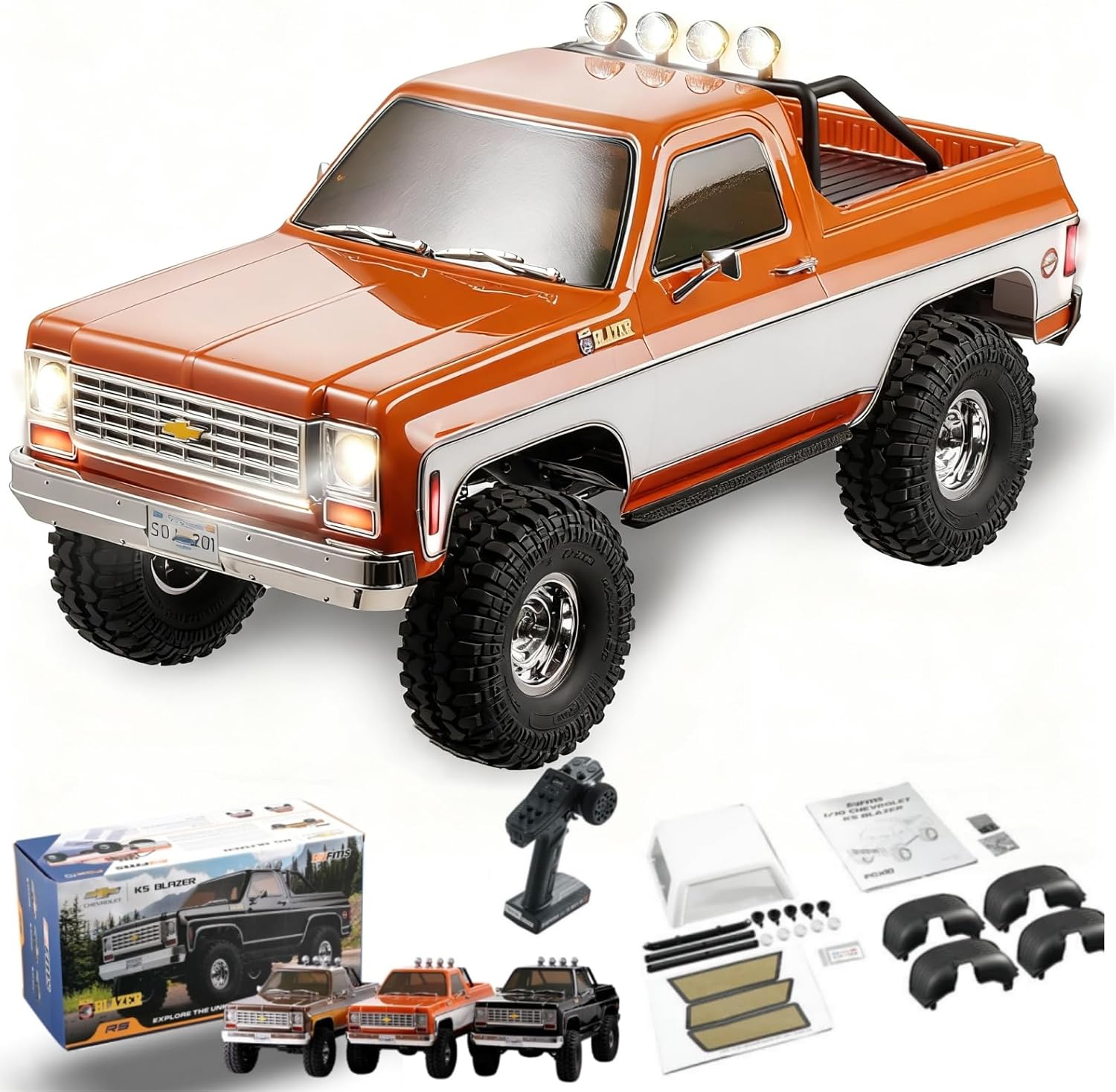 FMS 1/10 RC Crawler FCX10 Chevy K5 Blazer Officially Licensed Car Model RC Pickup Truck Hobby RC Offroad Rock Truck DIG/4WD/FWD 11CH 2.4GHz Remote Control Car for Adults Included RS (Orange)
