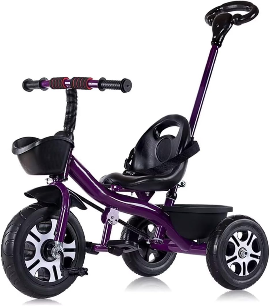 Toddler Stroller Trike with Push Handle,Ride-on tricycles with Pedals,Adjustable seat with Belt,3 Wheels Bike,Foam Wheels, Purple-with pushrod