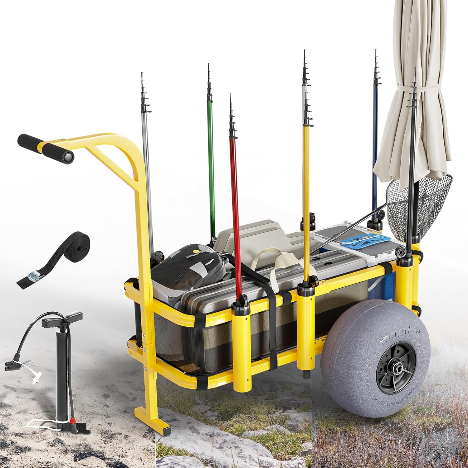 Bonnlo Fishing Cart, Foldable Beach Trailer with 13