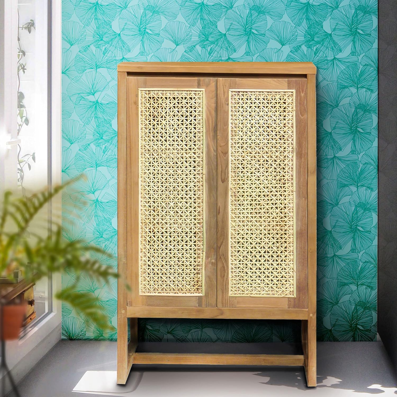 Recycled Teak Wood West Indies Rattan Cupboard/Bookcase