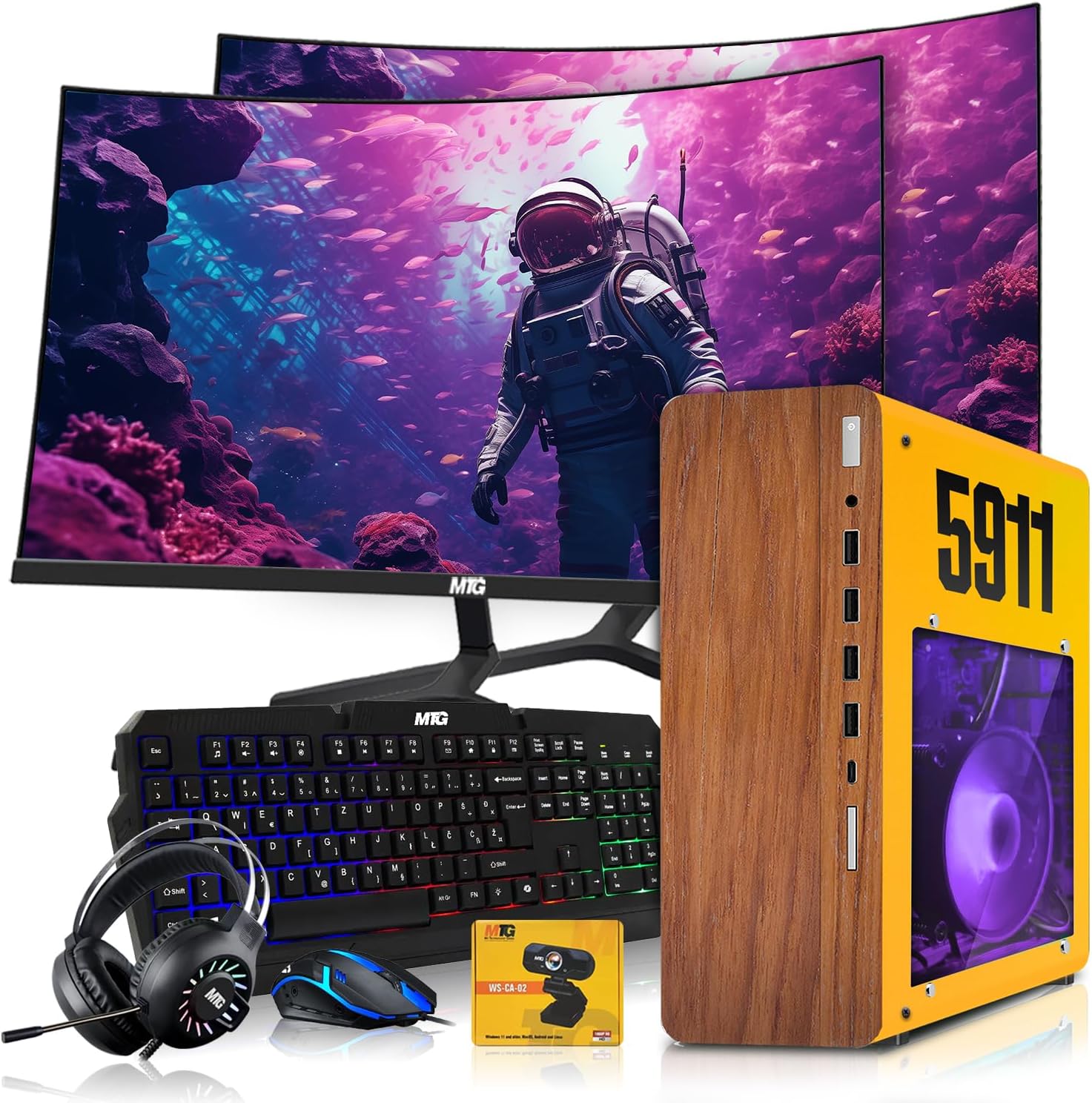 HP Full Dark Gaming PC Desktop Computer 5911 AMD A10-9700, RX 550, 16GB RAM, 1TB SSD, Dual 32 Inch Curved Monitor, RGB KBM with AI Copilot, WiFi, RGB Headphone, Webcam, Windows 11 (Renewed)