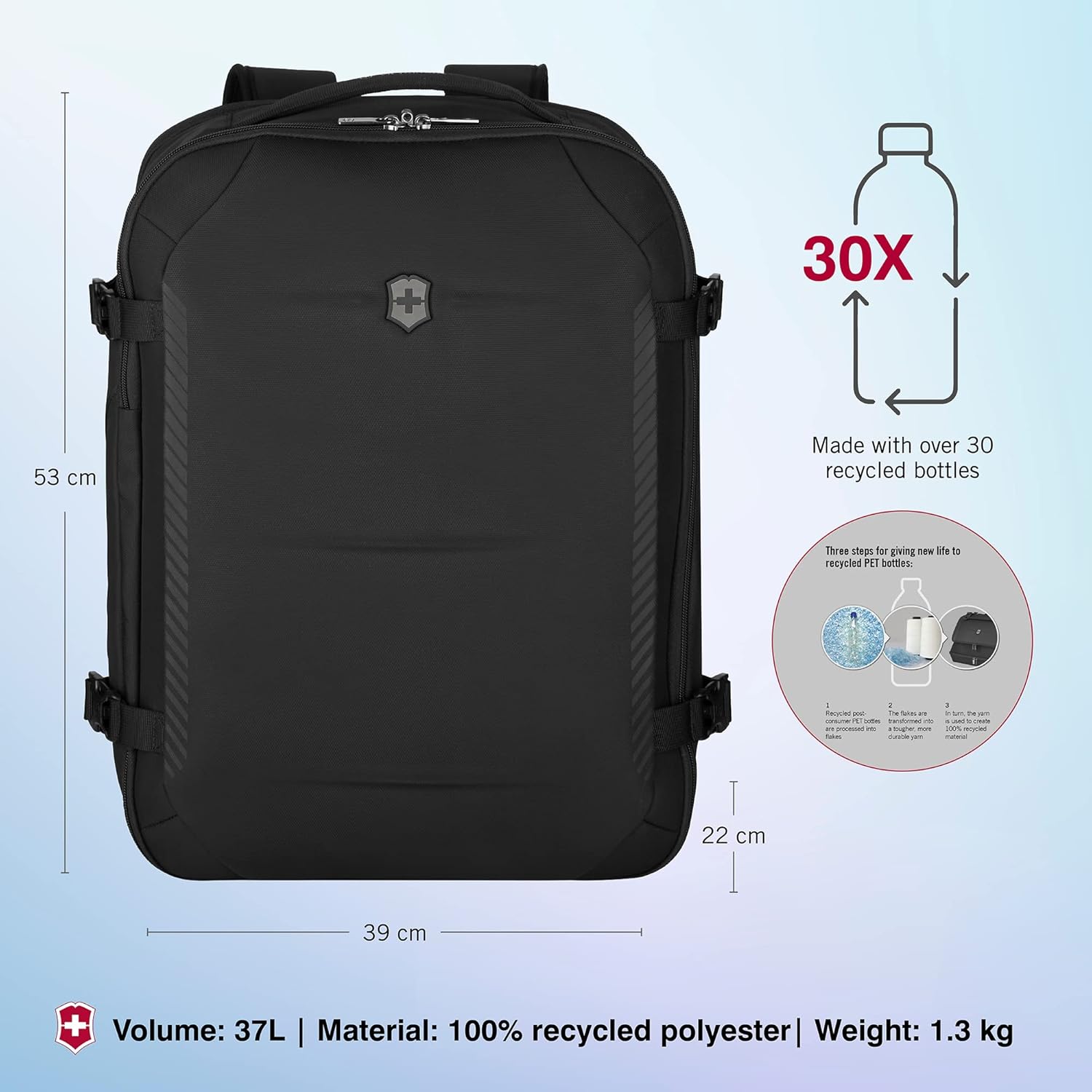 Victorinox Crosslight Boarding Bag - Lightweight Laptop Backpack for Traveling Essentials - Sleek Business Backpack Made from Recycled Materials - Black