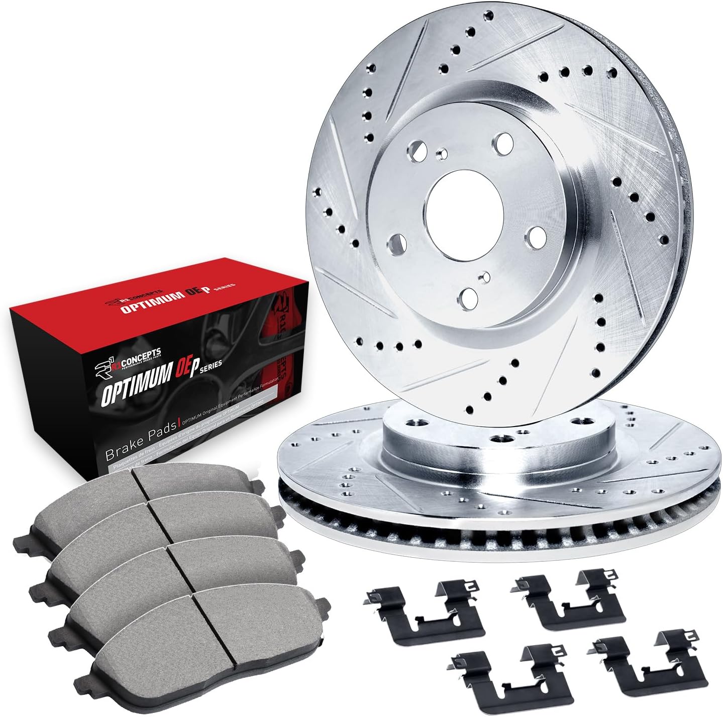 R1 Concepts Rear Brake Kit For 2016-2020 Lexus GS, 2015-2021 Lexus RC F| Drilled Slotted Brake Rotors| Optimum OEP Brake Pads and Rotors Kit| Hardware included