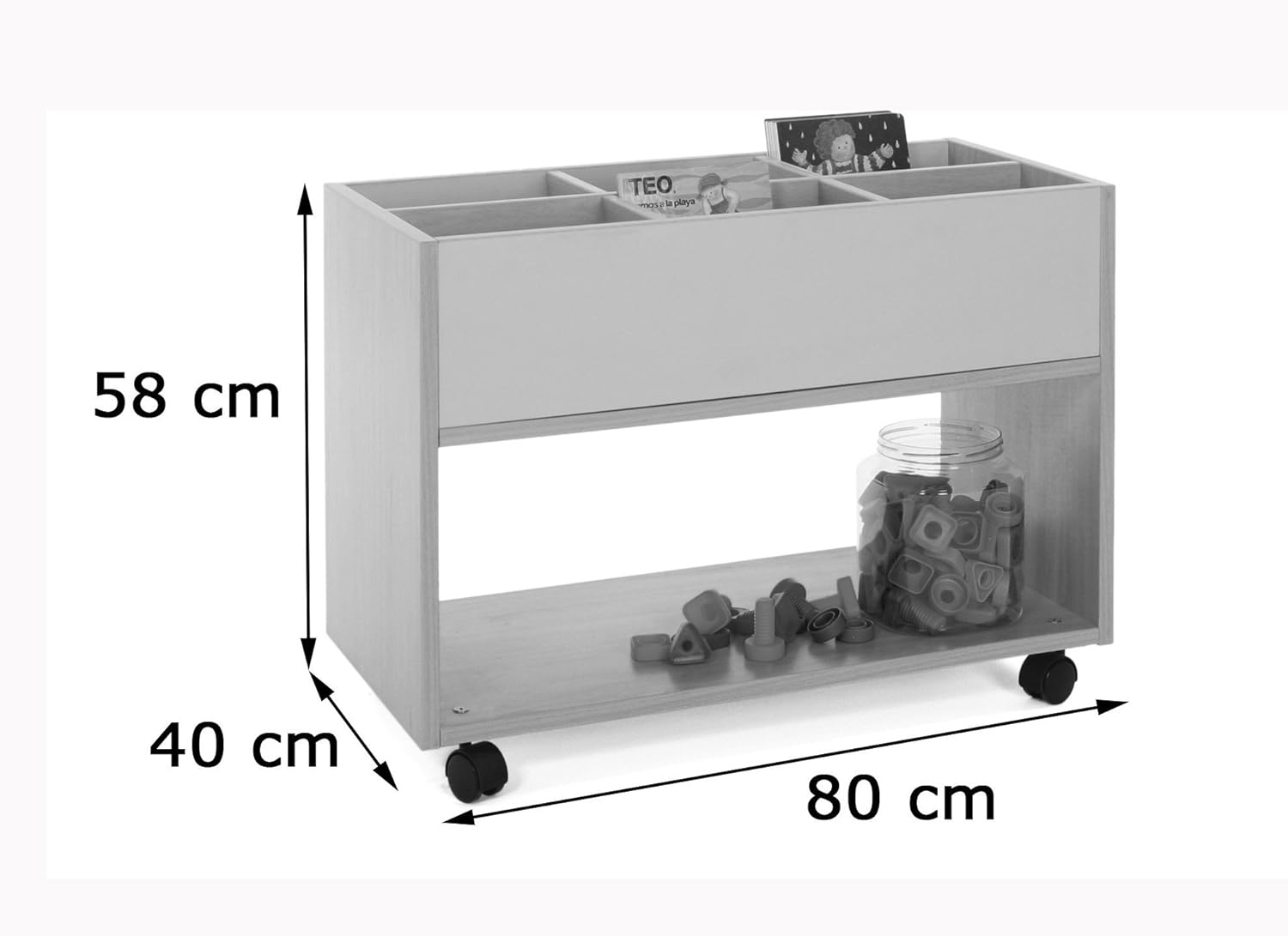 Mobeduc High Bookcase Trolley, 80 x 58 x 40 cm, Wood, Beech
