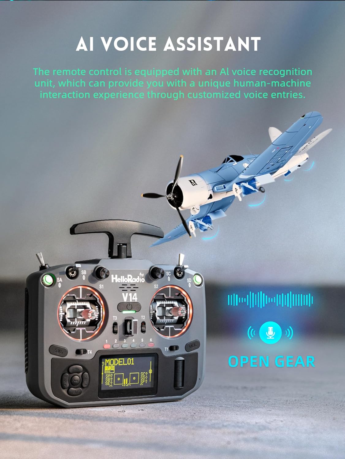 HelloRadio V14MAX ELRS FPV Radio Transmitter – 2.4GHz ELRS OpenTX/EdgeTX Remote Controller with CNC Hall Gimbals, AI Voice Assistant, External Module Bay, Foldable T-Antenna, and OLED Display for RC FPV Drones