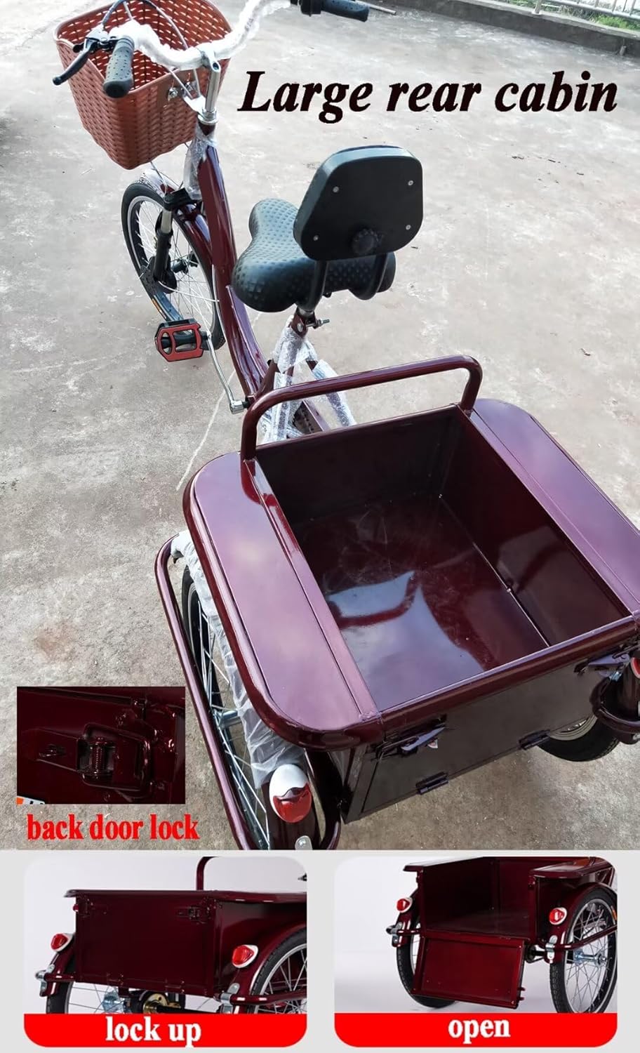 Elderly Pedal Bicycle Rickshaw Scooter trikes,Passenger and Cargo Dual-use Tricycle,Tricycle with Large Rear Cabin,max Bearing 100kg (Wine red B Shock Absorb Fork)
