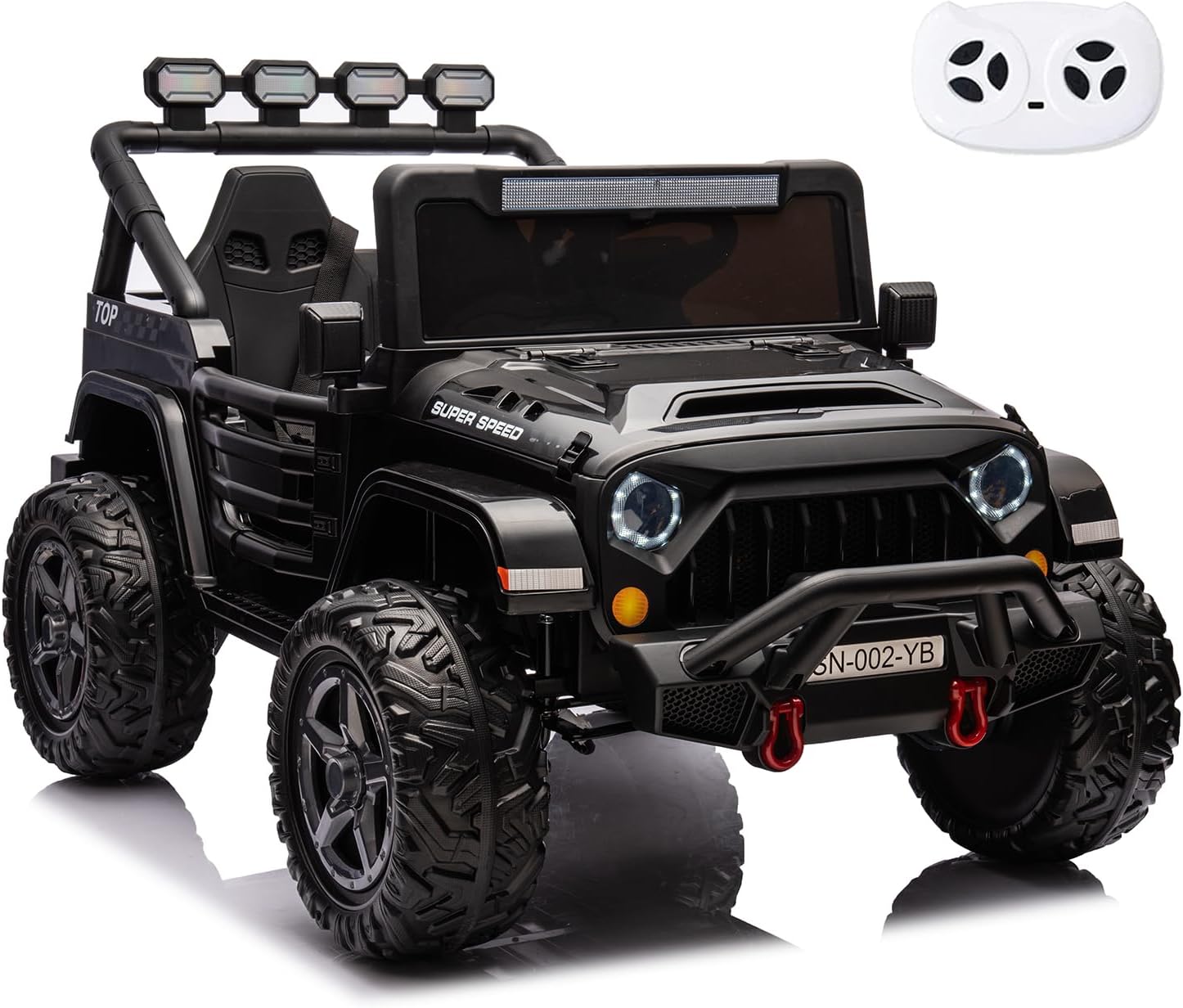 sopbost 24V Kids Ride On Truck 4WD, 2 Seater Ride On Car with Remote Control, 4x4 Battery Powered Electric Vehicles for Boys Girls 3-8 to Drive, Bluetooth Music (Black)