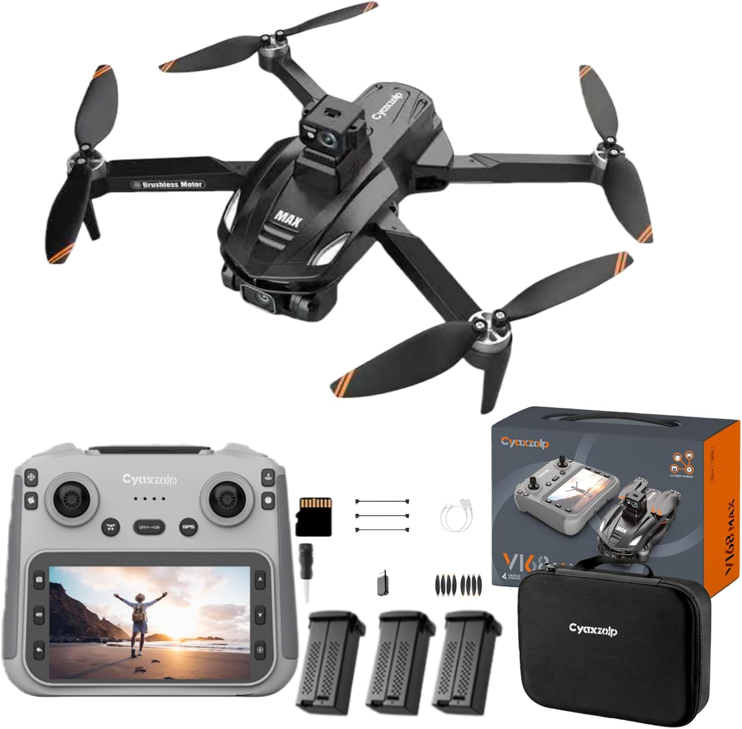 Drone with 8K Camera Drones for Adults,4.5-inch LCD High-definition Large Display Screen Remote Control Quadcopter,3 Batteries, 5G HD Brushless GPS Drone Auto Return, Obstacle Avoidance (Black and Orange)