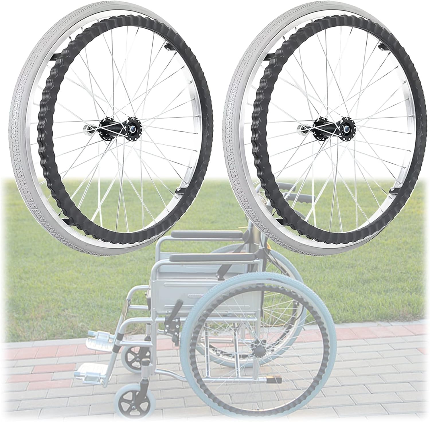 Set of 2 Wheelchair Rear Wheels 24 Inch Wheelchair Replacement Wheel, Non-Slip Puncture Proof Polyurethane Solid Tire Wheelchair Casters, 220-lb Load Capacity (Color : Greys, Size : 60cm(24i