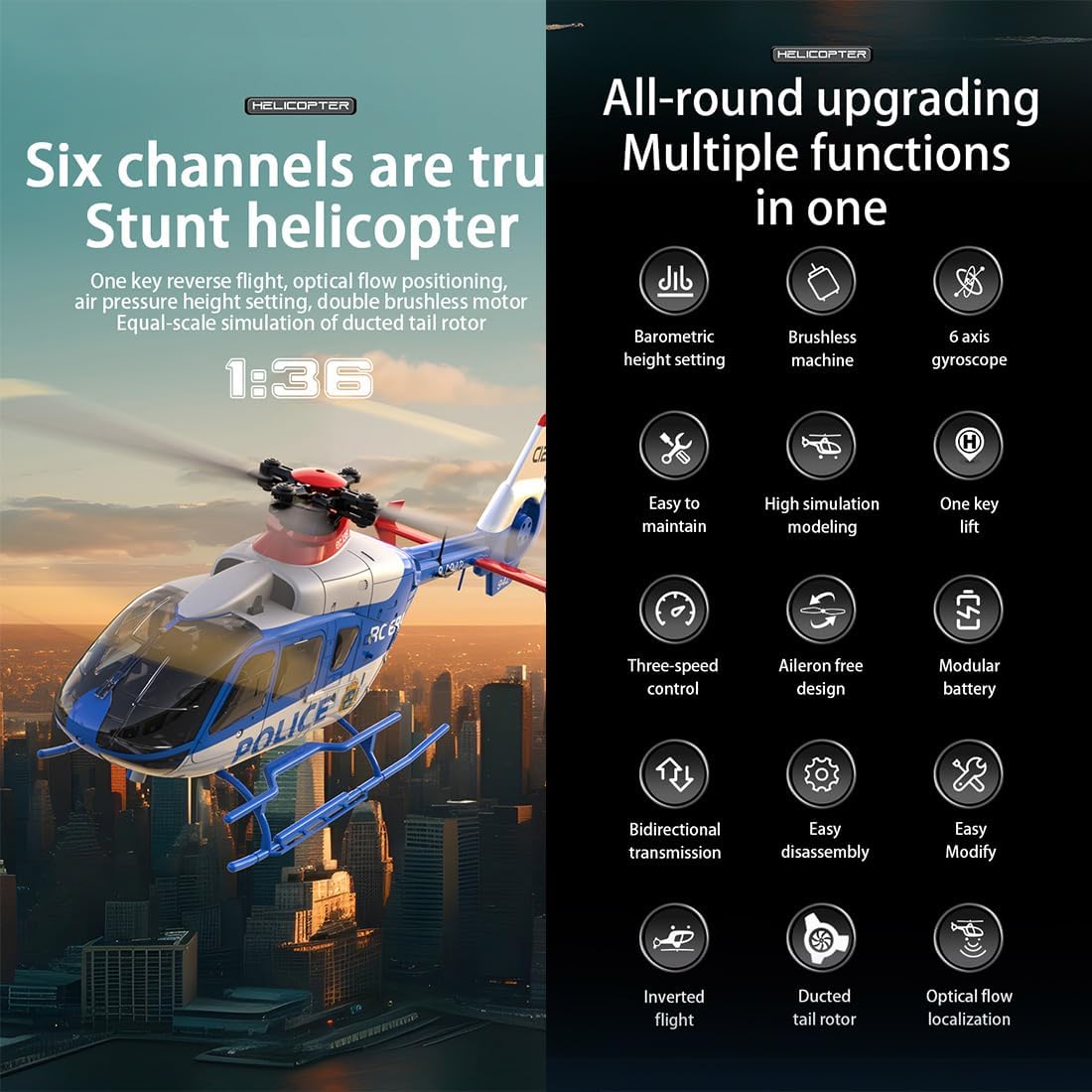 C123 RC Helicopters for Adults,1/36 Scale 2.4G 6CH Single-Rotor Gyroscopic Flying Aircraft Model with Optical Flow Positioning and One Key Take Off/Landing (RTF Version) (Blue & White, With 2 Battery)