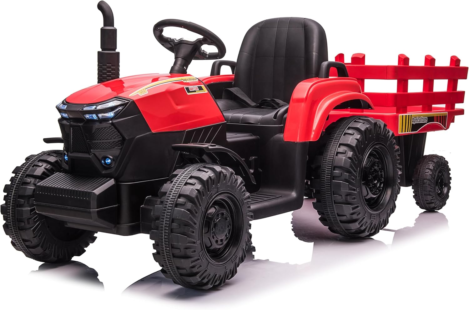 Kids Electric Ride On Tractor, 12v Battery-Powered 4 Wheels Ride On Car with Trailer, 35W Dual Motors/3-Gear-Shift/LED Lights/USB for Toddlers 3-6 Boys/Girls