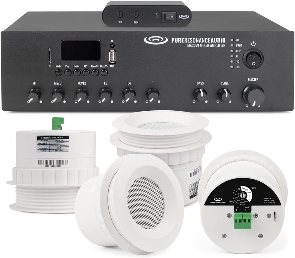 Sound Masking System with 4 Pure Resonance Audio C3 Ceiling Speakers, 30 Watt Bluetooth Mixer Amplifier, and Speaker Wire - (7 Items)