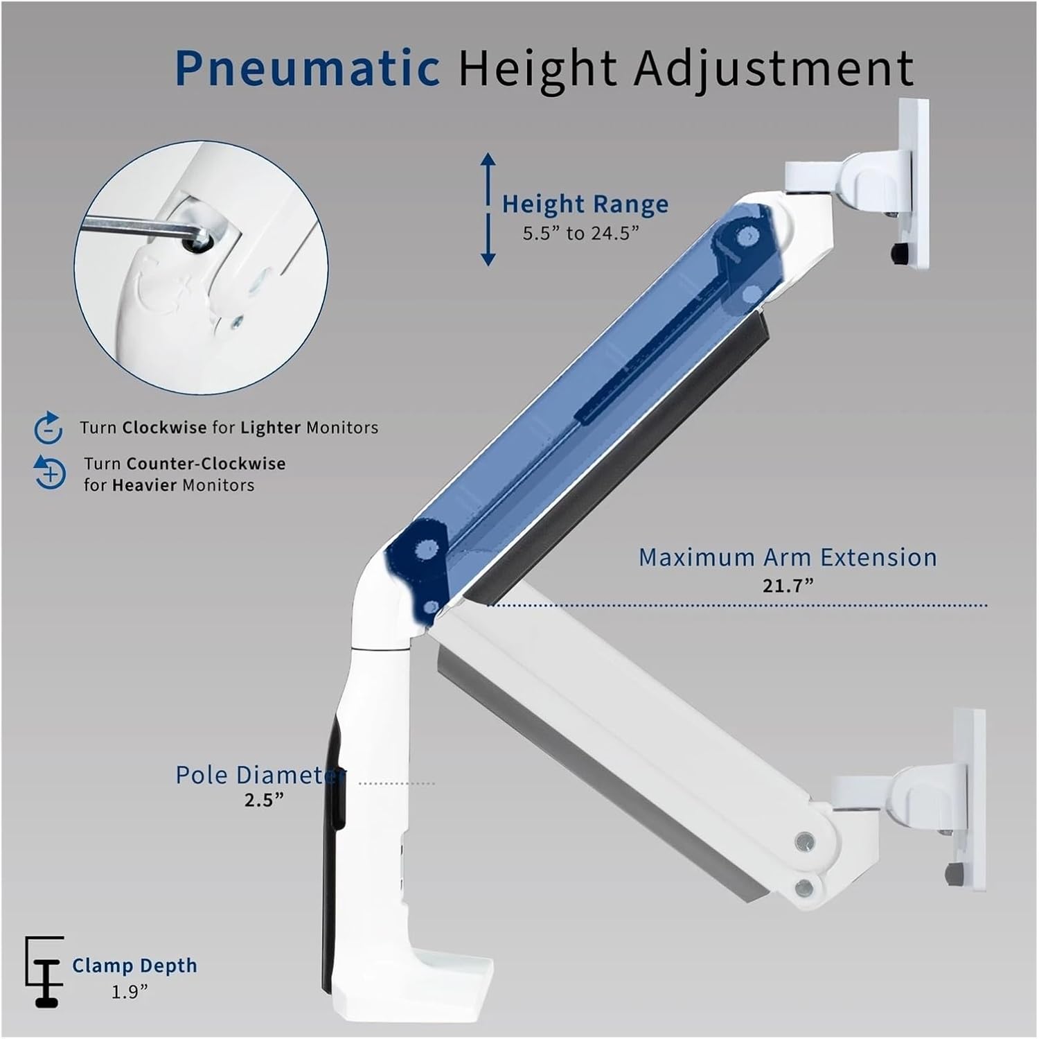 Single Piece White Extra Wide Monitor Bracket, Pneumatic, Desktop Mount, Maximum Hole spacing 200x100mm