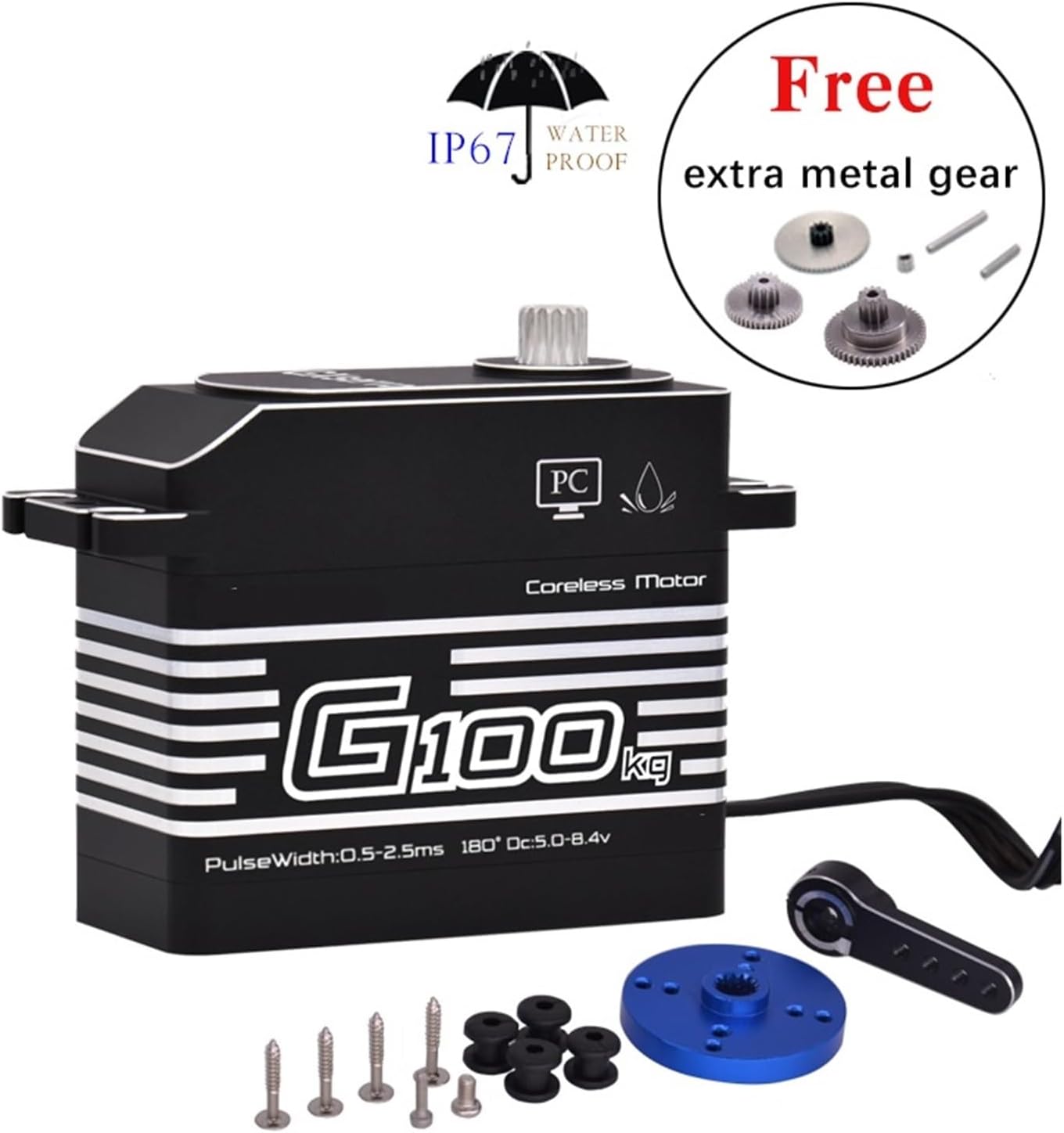 100KG High Torque High Pressure CNC Aluminum Shell Metal Gear Hollow Shaft Waterproof 1/5 Model Scale