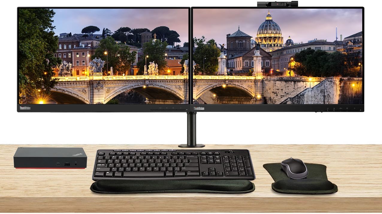 Lenovo ThinkVision T22v 22-inch 2-Pack T22i Bundle with HDMI, DisplayPort, Webcam, Speaker, Microphone, Dual Monitor Stand, ThinkPad USB-C Dock, MK270 Wireless Keyboard and Mouse, and Wrist Pad