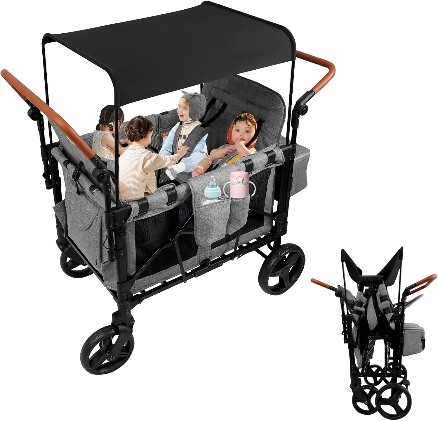Wagon Stroller for 4 Kids, All-Terrain Wagon Cart with Removable Canopy, 5-Point Harness & Storage Organizer, Double Push Bar Foldable Kids Stroller for Garden Beach Camping