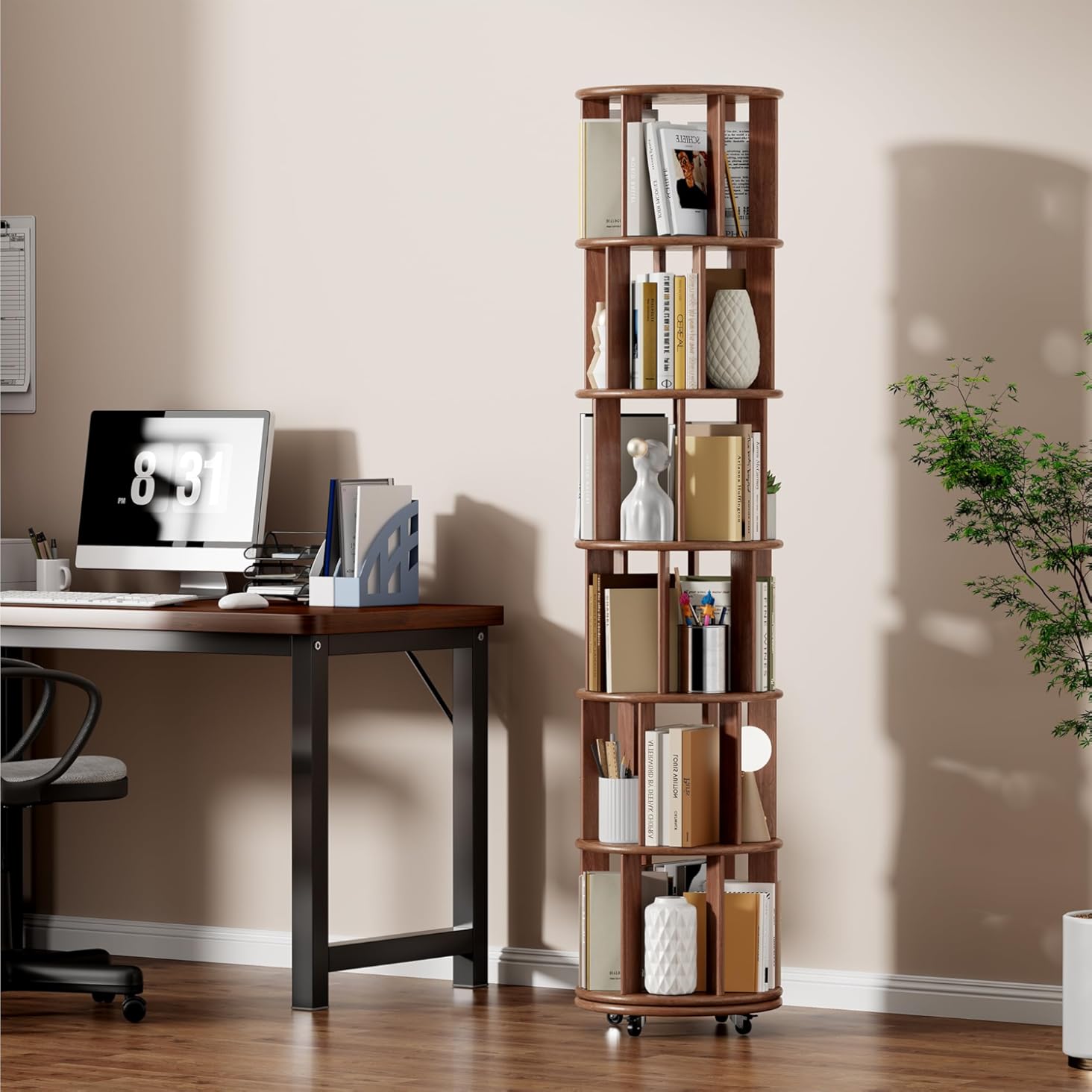 TERRUPEX 360-Degree Rotating 7-Tier Bookcase, Tall Narrow Corner Bookshelf with Spinning Design for Home Storage, Space-Saving Shelf for Living Room Bedroom Office (Walnut + 6)
