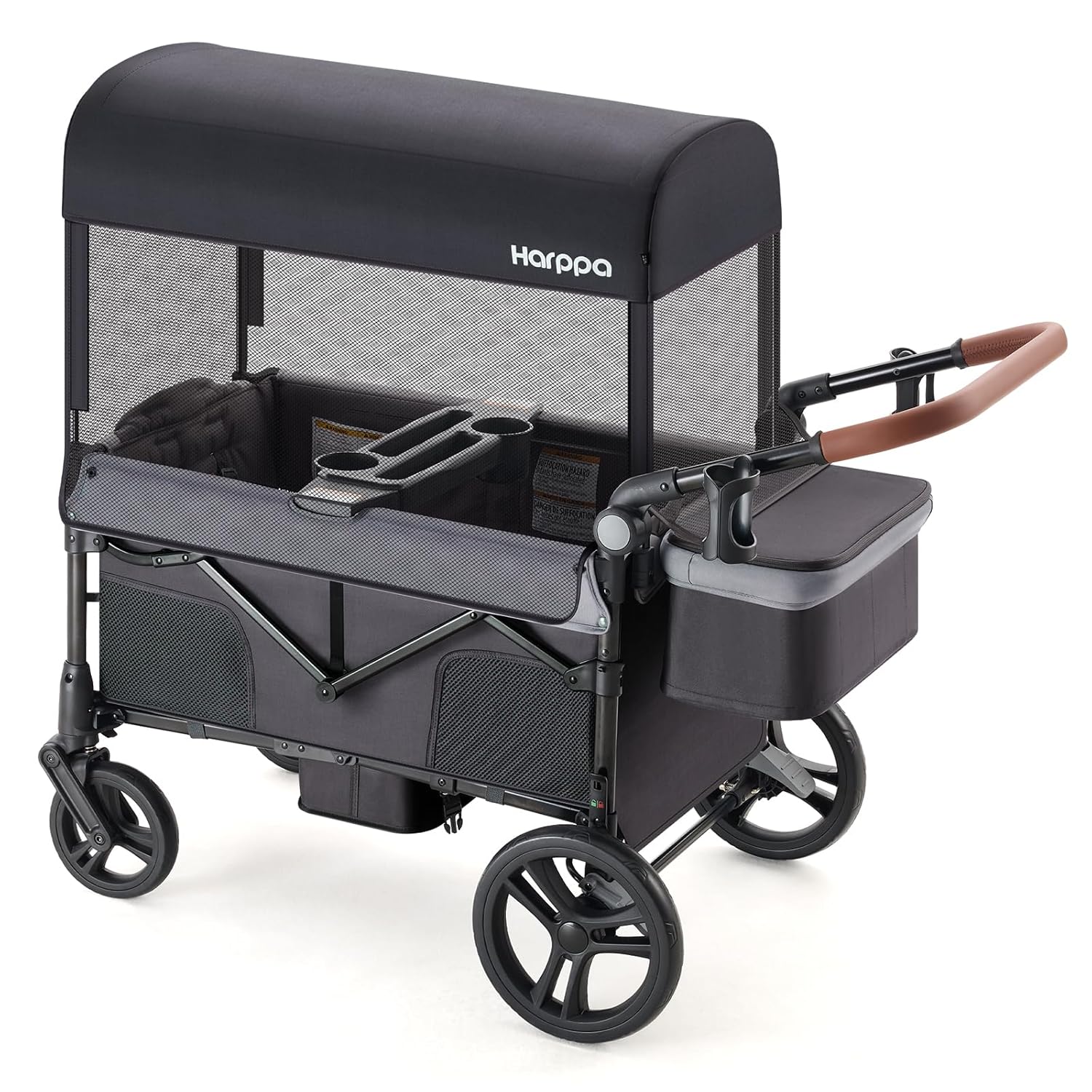 HARPPA Foldable Wagon for Kids, 2 Seater Stroller Wagon with Seats, One-Button Fold, UPF50+ Canopy & Mosquito Net, All-Terrain Wheels, Adjustable Handle, Easy to Store Dark Gery