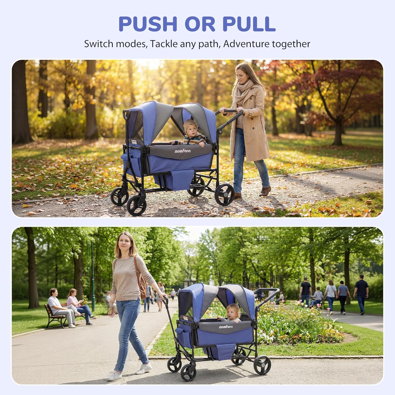 Stroller Wagon for 2 Kids, All-Terrain Wagon Stroller with Foldable, Adjustable Double Push Pull Handle, Large Storage Bag,Removable Canopy, Deep Blue