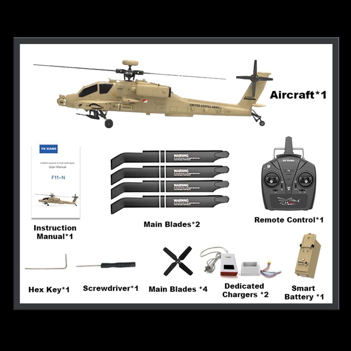 1/32 RC F11-N AH64 Helicopter, 2.4G 6CH Dual Rotor Military Aircraft, 6G/3D Flight with Optical Flow Altitude Hold, Desert Yellow Apachhe Helicopter