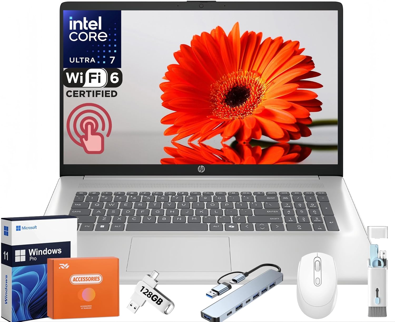 HP 17.3 inch Touchscreen Laptop, Intel Ultra 7 255U 12-Core(Beat Ultra 7 155H), 64 GB DDR5, 2 TB SSD, HD+ 250 nit Display, Copilot AI, Backlit KB, Long Battery, Wifi 6, Windows11 Pro, w/RH-Accessories