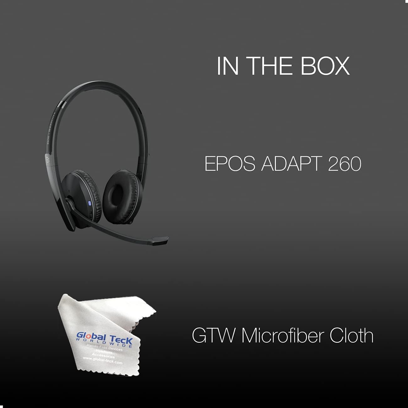 EPOS/Sennheiser 260 Stereo Bluetooth Headset - Blue Tooth Head Phones with USB Dongle, UC, Teams Certified, Connects to Deskphone, PC/Mac, Smartphone and Microfiber Included in Bundle by Global Teck