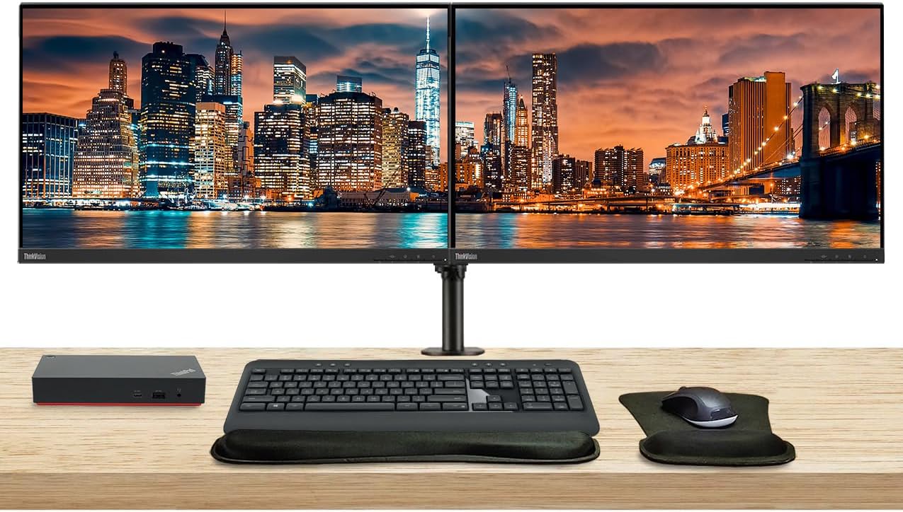 Lenovo ThinkVision E27q 27” 2560 x 1440 LED QHD LCD Monitor, 2-Pack Bundle with HDMI, DisplayPort, Speakers, Dual Monitor Stand, ThinkPad USB-C Dock, MK540 Wireless Keyboard and Mouse, and Wrist Pad
