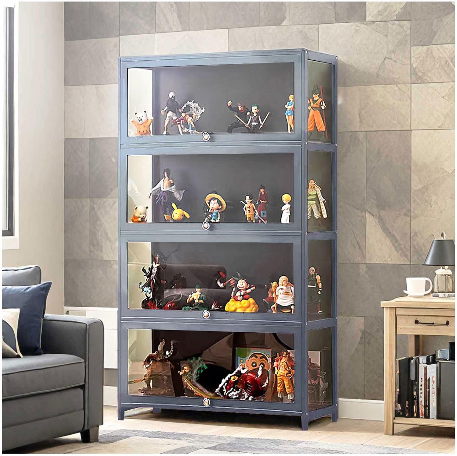 3-Tier Curio Display Cabinet, Storage Shelves with Acrylic Flip Door, Collectibles Toy Organizers Rack & Display Shelf, Bookshelf and Bookcase for Playroom, Bedroom, Office,Grey,140×80cm/55×32in
