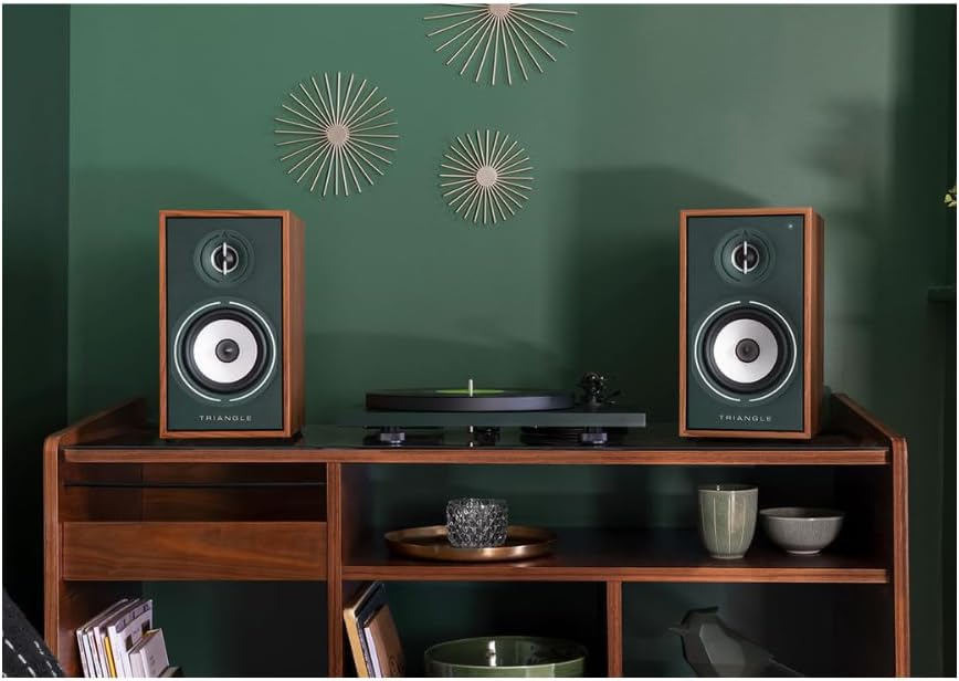 triangle - BOREA BR02 Connect Active Speakers - Bluetooth Bookshelf Speakers with 2X 50W Amplifier - HD Audio - Phono/Turntable TV & USB inputs - 176 x 310 x 274 mm - Green (Pair)