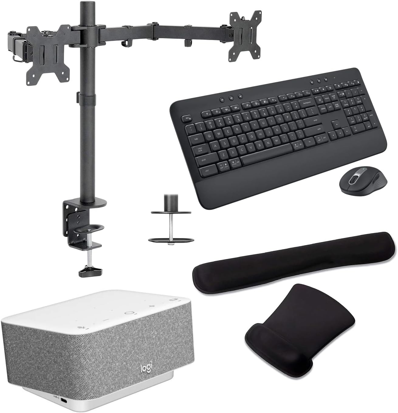 Logitech Docking Station 100W Dock in White, 4K Support and USB HubDesk Bundled with Mount Dual Monitor Stand, MK650 Wireless Keyboard and Mouse, Gel Mouse & Wrist Pad