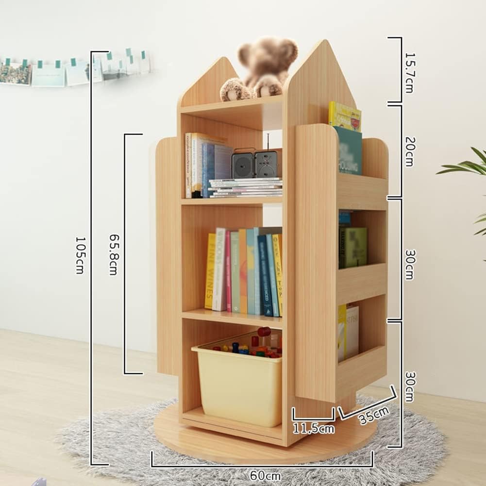 360 Degree Rotation Kids House Bookshelf, Space Saving Solid Wood Bookcase, Picture Book Display Shelf, Easy to Assemble