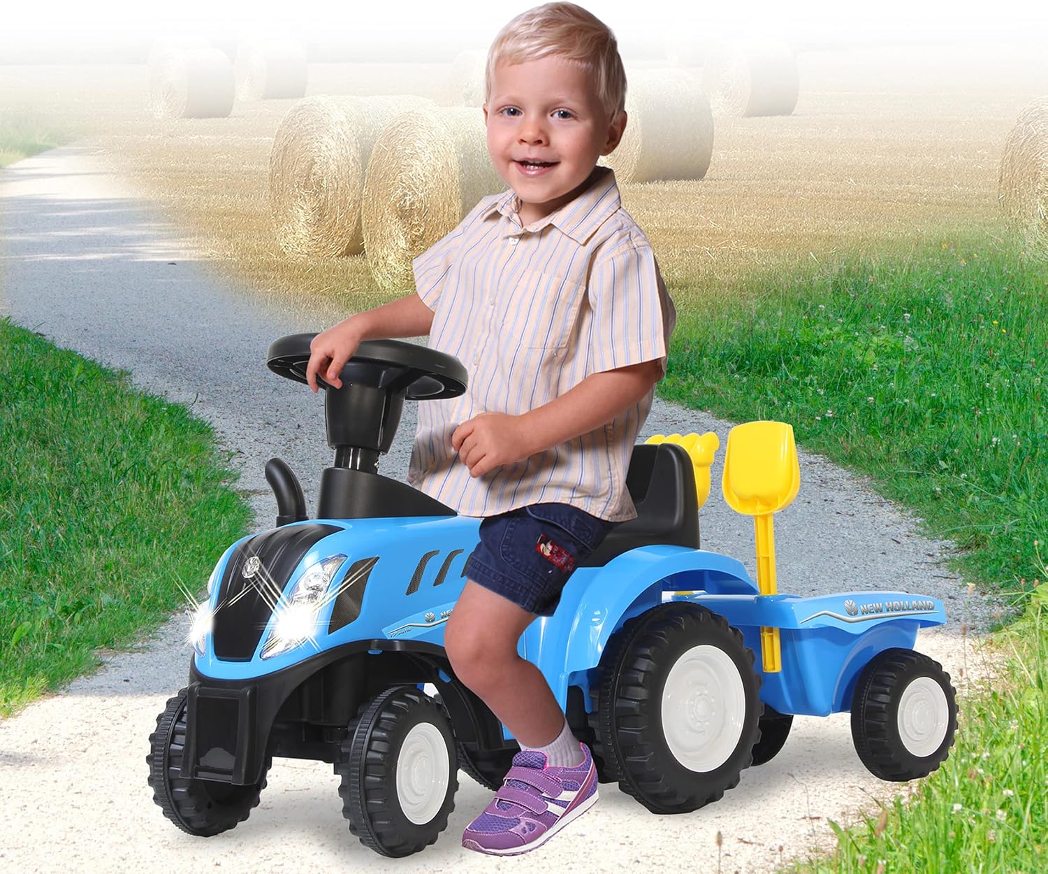 Rutscher New Holland T7 Tractor - from 12 Months, Seat Height 270 mm, Tilt Protection, Faithful Look, Trailer with Shovel and Rake, LED Light