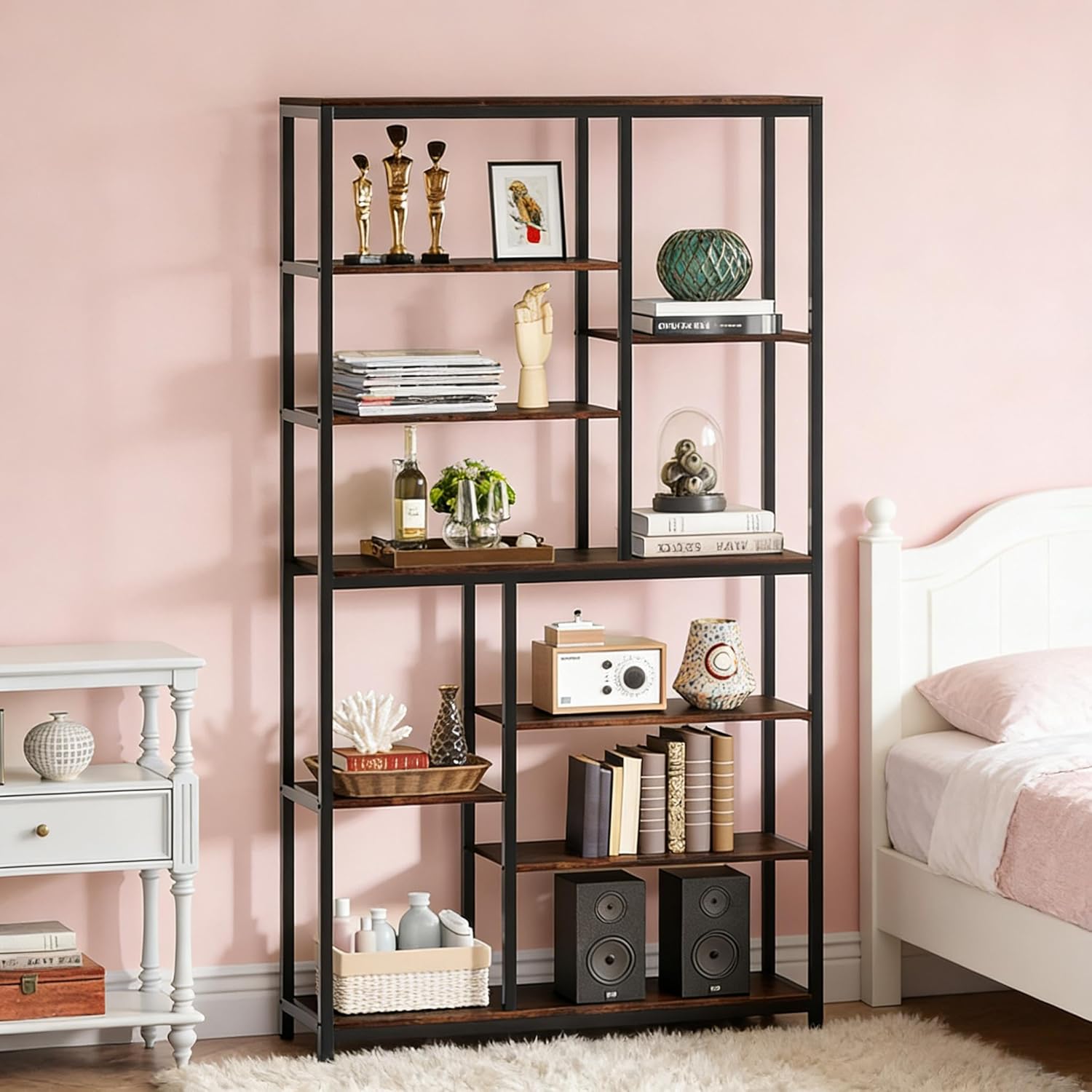 AMNOOI Industrial Chic Tall Bookcase with Staggered Shelves – Heavy-Duty Metal Frame & Adjustable Etagere Display Unit for Living Room, Bedroom, or Home Office
