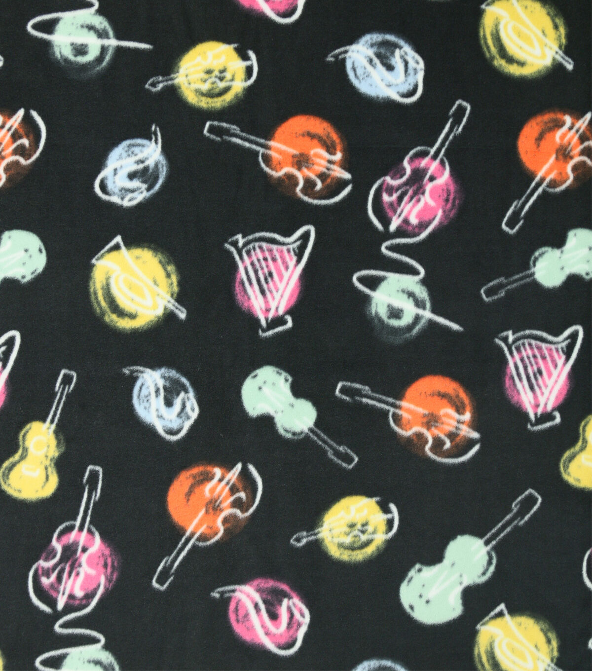 Watercolor Guitars on Black Anti Pill Fleece Fabric